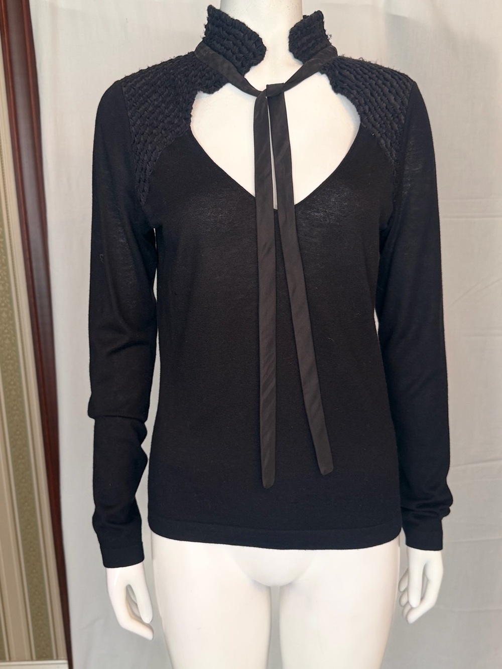 Women's Black Tie-Neck Knit Top